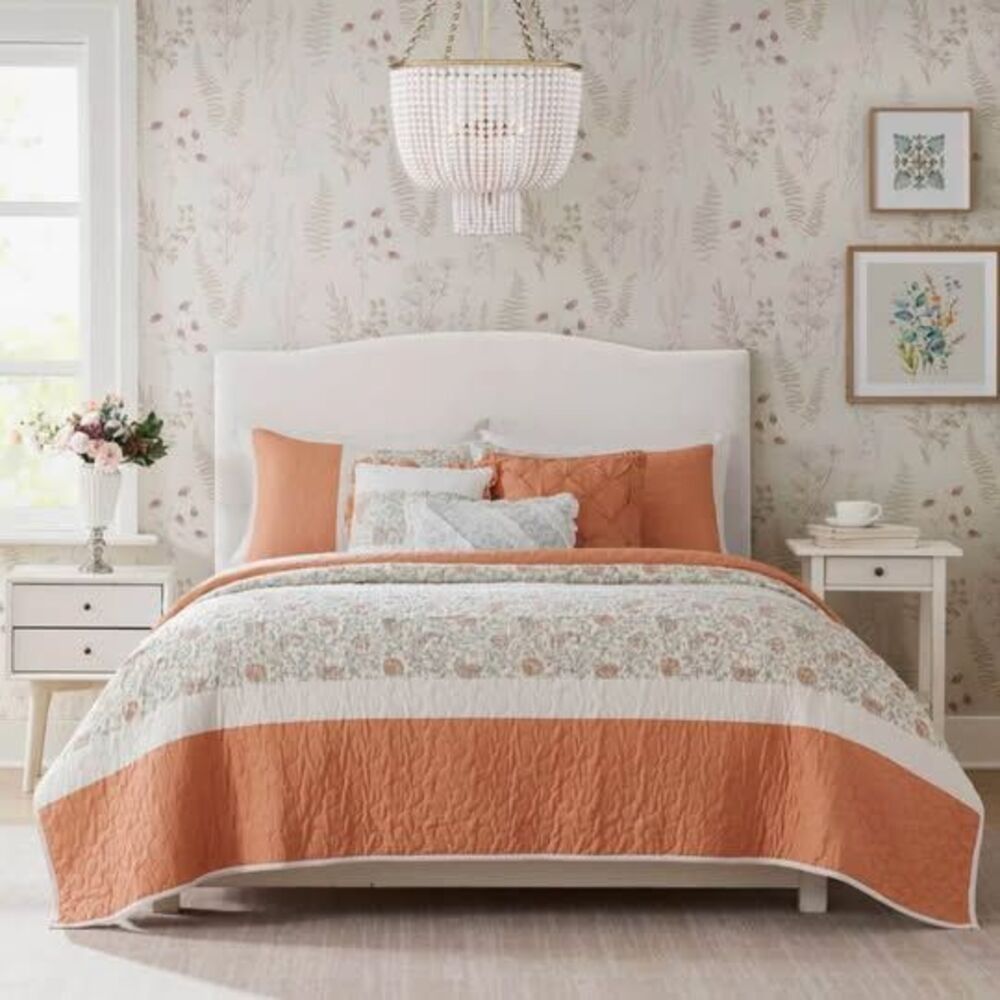 6 Pcs Cal-King/King Dawn Cotton Percale Quilt Set with Throw Pillows